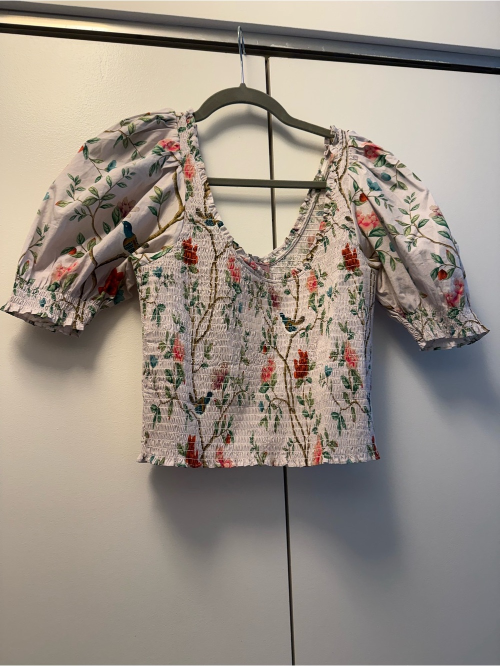 Hill House Light Pink Floral Smocked Puff Sleeve Crop Top
